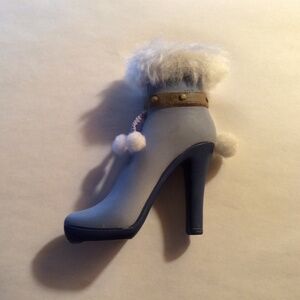 Miniature High Heel Pale Blue Boot With White Faux Fur Trim and PomPoms